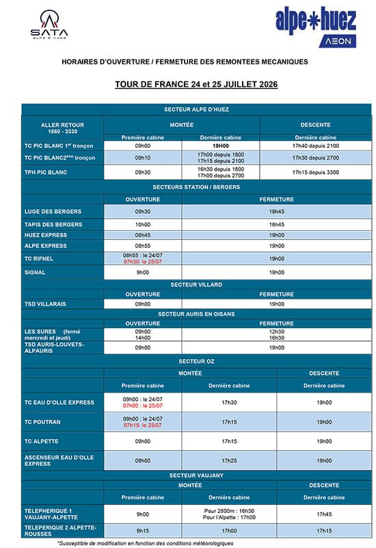 Horaires des remont&eacute;es m&eacute;caniques 24-25 juillet