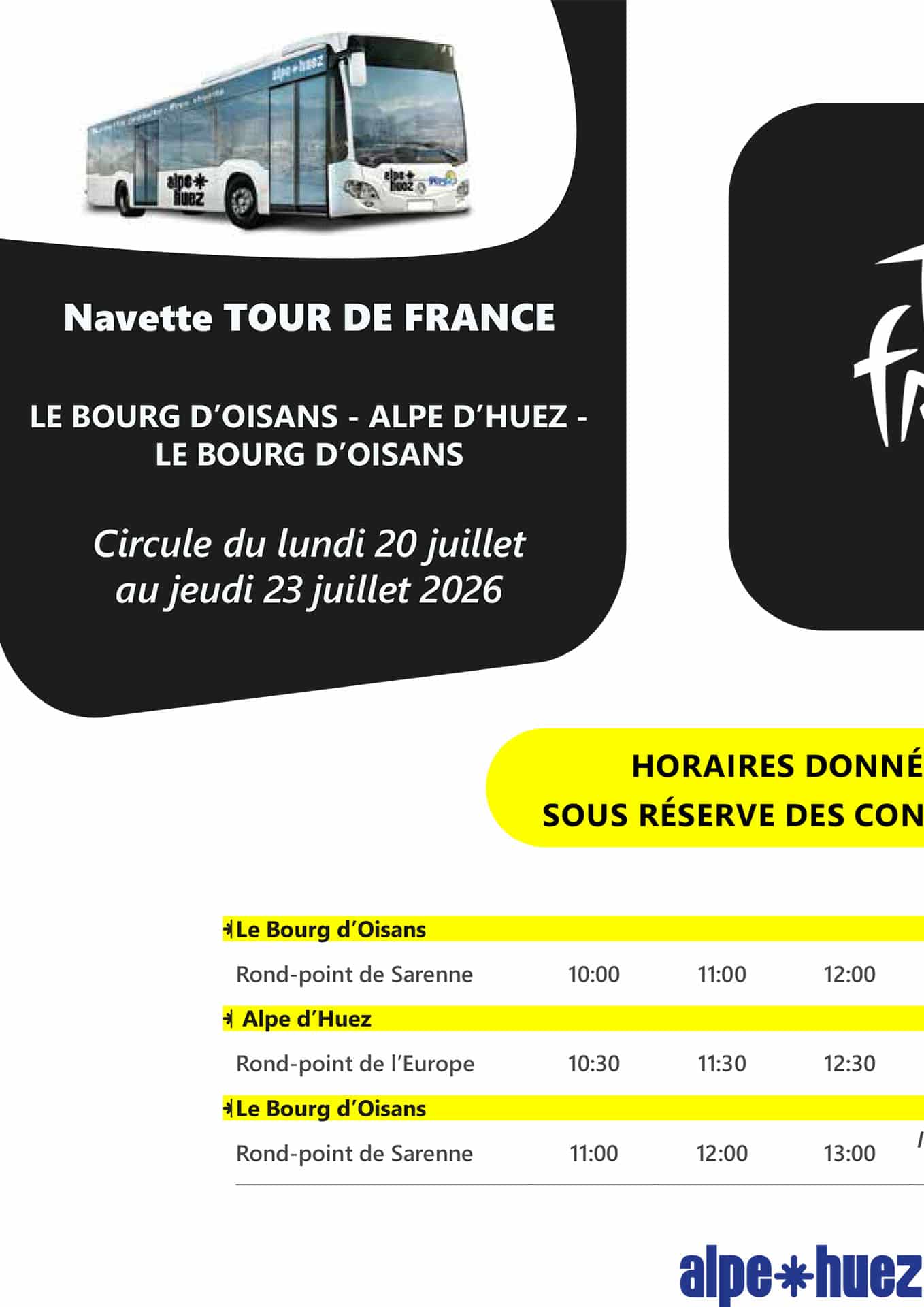 Free shuttle Bourg d'Oisans <-> Alpe d'Huez from July 20 to 23