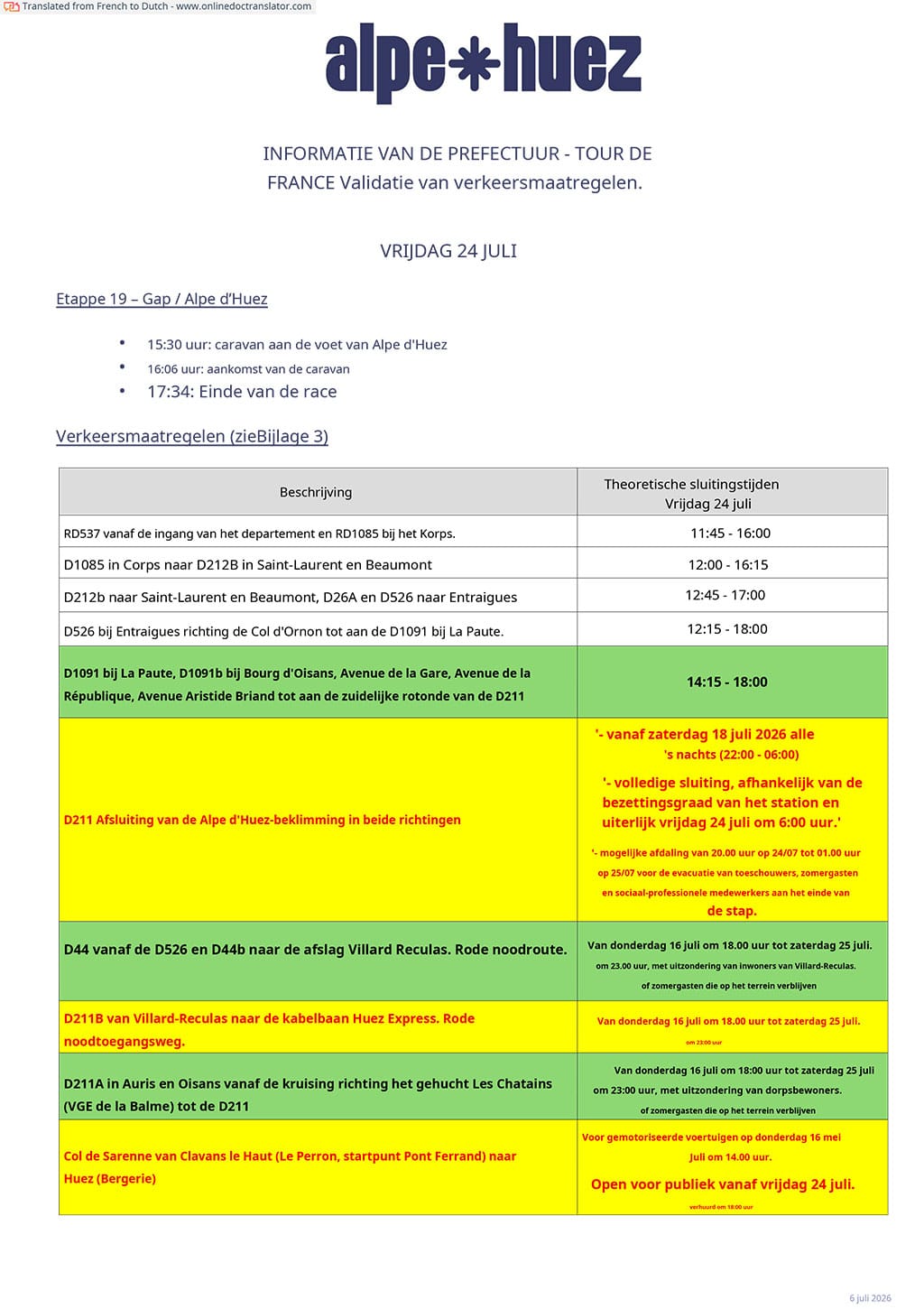 TOUR DE FRANCE 24, 25 juillet circulation routi&egrave;res
